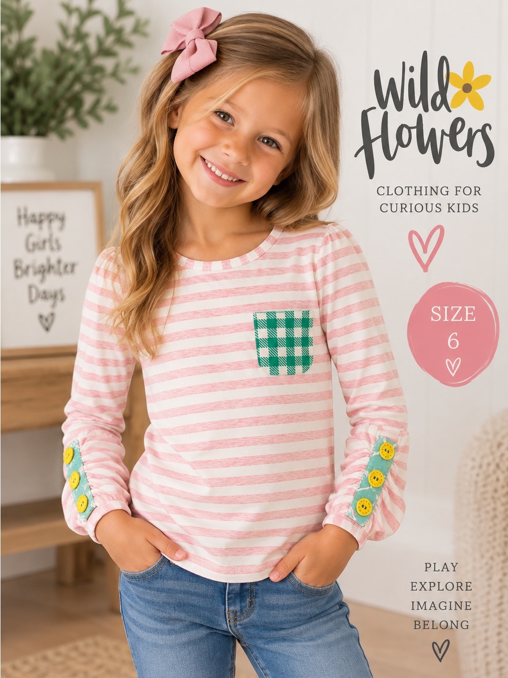 Wildflowers Pink & White Striped Long Sleeve Top with Green Gingham Pocket